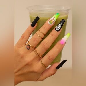 Feral Edge YOLO Tropical Press-On Nails Set Neon Ombre & Matte Black Rhinestones